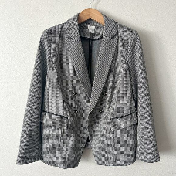 Chico’s Size 2 Herringbone Leather Trim Double Breast Jacket Women's Size Large - Picture 5 of 15